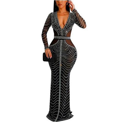 Zoctuo Women's Sexy Elegant Rhinestone Party Club Night Outfit Mesh See Through Bodycon Maxi Prom Evening Dress