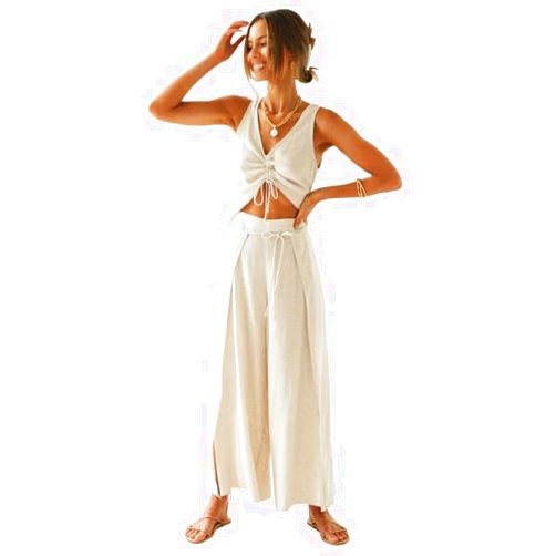 BQEC New Casual Solid Drawstring Two-piece Set Ladies Wide Leg Pant Sets Sleeveless Tank Top Trouser Summer Women Suits