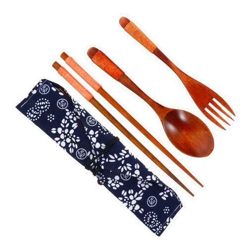 IMIKEYA Set Cutlery Spoon Handmade Tableware Wooden Cutlery Wooden Flatware Safe Cutlery Wooden Forks Japanese Chopsticks Chinese Chopsticks Cocktail Forks Portable Travel Log Cloth Bag