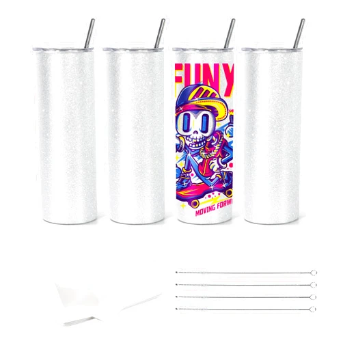 AGH 4PCS Sublimation Glitter Tumblers 20 oz Skinny Straight White 20oz Blanks Stainless Steel Cup with Lid & Metal Straw & Shrink Wrap & Brush
