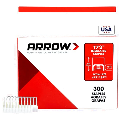 Arrow Fastener Arrow 721189 T72 Heavy Duty Steel Insulated Staples for Installing Cable/Wiring, 11/32-Inch Leg Length, 19/32-Inch Crown, 300-Pack
