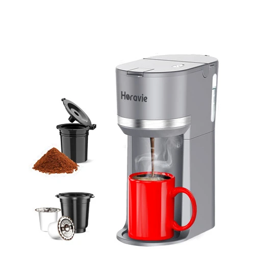 Horavie Mini Single Serve Coffee Maker for K Cup and Ground Coffee, Fast Brew One Cup Coffee Machine with Descaling Reminder and Water Window, 6 to 12 oz. Brew Sizes, Grey