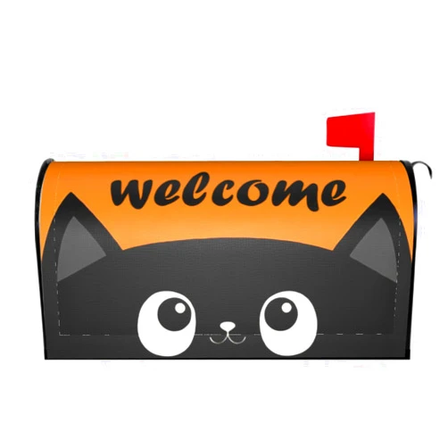 WINTERSUNNY Welcome Cute Black Cat Decorative MailWrap Orange Background Magnetic Mailbox Cover Standard Size 21x18 in Cute Animal Post Letter Box Cover Home Decor for Outside Garden Yard