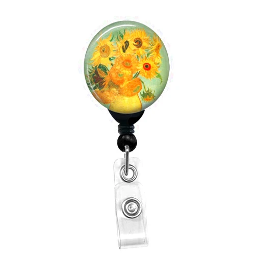 Pacific Impressions Gifts Vincent Van Gogh - Sunflowers -Retractable Badge Reel - ID Name Tag Custom Badge Holder (Black Badge Reel with Belt Slide Clip)