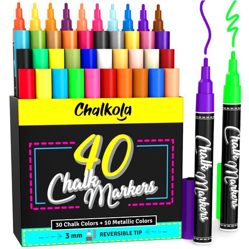 Chalkola Fine Tip Chalk Markers - Pack of 40 (Neon, Classic & Metallic) Chalk Pens - For Chalkboard, Blackboard, Window, Labels, Bistro, Glass - Wet Wipe Erasable - 3mm Reversible Tip