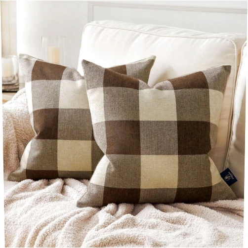 Phantoscope Pack of 2 Gingham Buffalo Check Plaid Throw Decorative Pillow Cover Outdoor Indoor Throw Pillows Farmhouse Square Pillow Cases for Home Decor Coffee,18 x 18 Inches