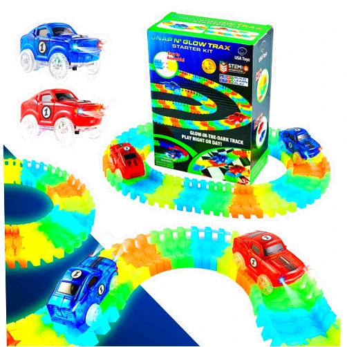 USA Toyz Glow Tracks Starter Kit Race Tracks and 2 LED Toy Cars - 216pk Glow in The Dark Bendable Flexible Rainbow Race Track Set with 2 Light Up Car Toys, STEM Building Toys for Boys and Girls