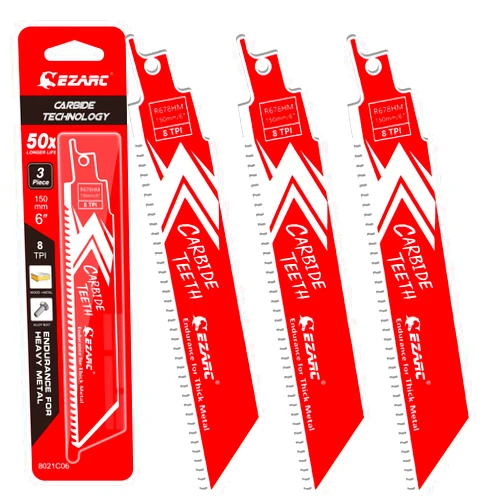 EZARC Carbide Reciprocating Saw Blade R678HM Endurance for Thick Metal, Cast Iron, Alloy Steel 6-Inch 8TPI, 3-Pack