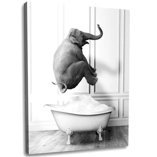 Gongyuanyihao Arts Elephant Jump in Bathtub Wall art, Funny Animal Canvas Print Picture for Bathroom Bedroom, Modern Wrapped Canvas Prints, Black and White Wall Art Decor Ready to Hang 8