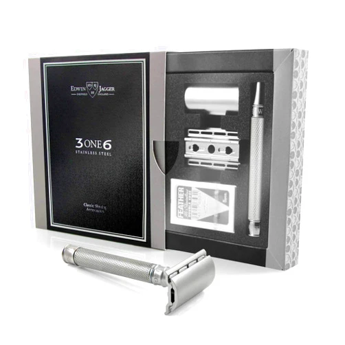 Edwin Jagger 3ONE6 DE Stainless Steel Safety Razor, Grooved, 1x Pack of Razor Blades (Stainless-Knurled)