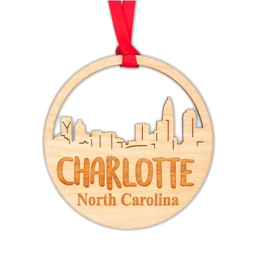 RoutyBits Charlotte Christmas Ornament - Wooden City Skyline - North Carolina NC