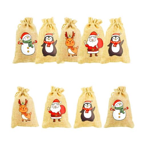 happylain Christmas Linen Bags with Drawstrings, 10PCS Mixed Christmas Burlap Goody Gift Bags with Double Jute Drawstrings, 4 designs Snowman, Santa Claus, Penguin and Elk