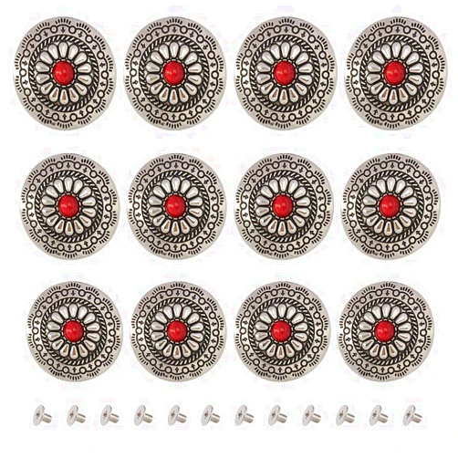 GORGECRAFT 1 Box 12PCS 30mm Round Shape Conchos Screw Back Buttons Red Synthetic Turquoise Vintage Metal Buttons Sunflower Decorative Screws Rivets Buckles Replacement Buttons for DIY Leather Craft