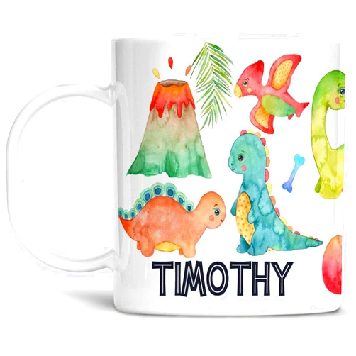 Foxy Mug Personalized Watercolor Dinosaurs Kids Mug with Name, Lightweight Polymer
