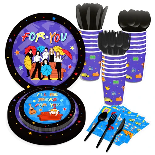 Parrtty Hurrican 77 PCS Party Supplies, Disposable Tableware Set for 8, Includes Paper Plates Paper Cups Napkins Knives Forks Spoons Straws, Friends Theme Birthday Party Decoration