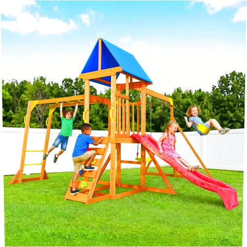 SUNIBOXI Wooden Swing Sets for Backyard, Kids Outdoor Playground Set with Monkey Bars, Wave Slide, 2 Belt Swings, Climbing Ladder, Rock Wall, Play Deck with Canopy