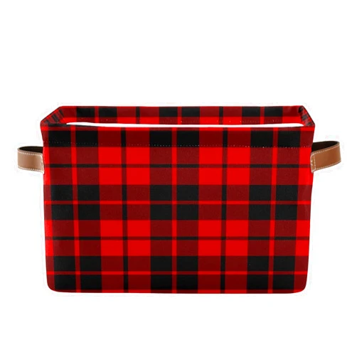 AUUXVA Storage Basket Red Black Christmas Buffalo Plaid Check Storage Cube Box Durable Canvas Collapsible Toy Basket Organizer Bin with Handles for Shelf Closet Bedroom Home Office