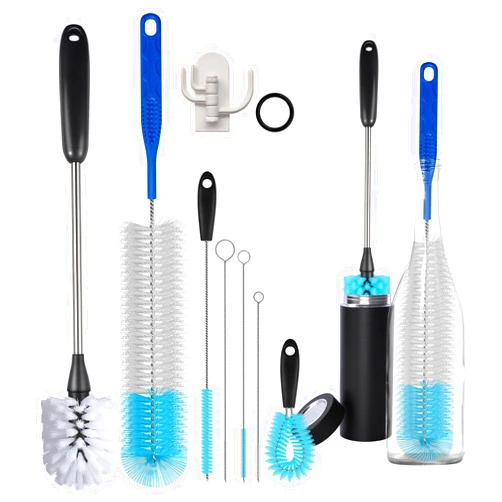 AIOUIERSCN 8-Pack Stainless Steel Long Handled Water Bottle Brush for Cleaning Sports Bottles, Milk Bottles, Glassware and Food Jars with Flexible Straw Brush, Cup lid Brush Includes Storage Ring and Hook.