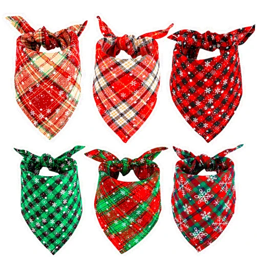 Whaline 6 Pack Christmas Dog Bandanas Reversible Red Green Buffalo Plaid Triangle Bids Snowflakes Pet Scarf Washable Cotton Pet Neckerchief Pet Costume Accessories Decoration for Cats Dogs