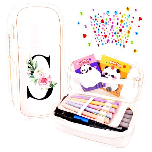 WINOWIMO Preppy Pencil Case for Girls, Cute Large Pencil Pouch, Personalized Initial Pencil Bag with Zipper for School College Office Supplies, Back to School Supplies Gifts for Teen Girls (S, Pink)
