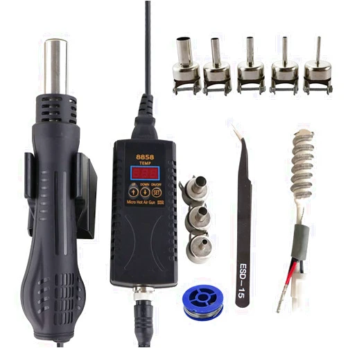 Sumsour Soldering Station 8858 Portable Digital Hair dryer Heat Gun BGA Rework Hot Air Gun For Solder Welding Desoldering Repair Tools (8858 SET-2), Black