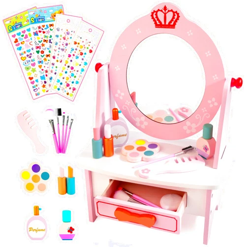 Kizfarm Wooden Vanity Set for Kids, Pretend Play Toddler Makeup Vanity with Acrylic Mirror, Beauty Salon Play Set for Little Girls Age 3+, Toys Gifts Includes Makeup Accessories and Bonus Stickers