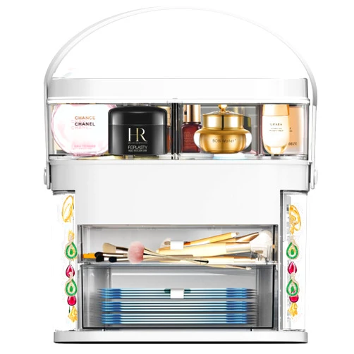 Sapekity Portable Makeup Organizer Box with Jewelry Storage, Clear Cosmetics Organizer Box with Cover Drawer Handle, Waterproof & Dustproof Makeup Storage Box for Countertop Bathroom Bedroom Dresser (White)