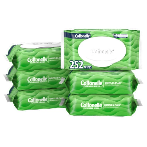 Cottonelle GentlePlus Flushable Wet Wipes with Aloe & Vitamin E, 6 Flip-Top Packs, 42 Wipes Per Pack (252 Total Wipes), Packaging May Vary
