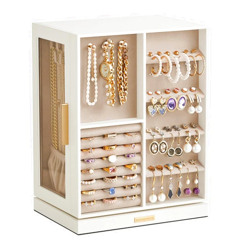 SONGMICS Jewelry Box 360° Rotating, Jewelry Storage Case with 5 Drawers, Jewelry Organizer, Glass Window, Spacious, Vertical Jewelry Storage, Open Design, Great Gift, Cloud White UJBC170W01