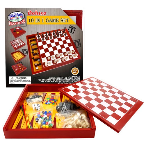 Matty's Toy Stop Exclusive Deluxe 10-in-1 Chess, Checkers, Tic Tac Toe, Backgammon, Mill, Roll Em, Insanity, Chinese Checkers, Mancala & Pick-Up Sticks Wooden Cabinet Game Set