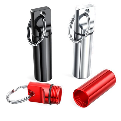 TecQach Small Portable Pill Box Keychain (3 Pack), Aluminium Alloy Mini Pill Organizer Case Container for Purse,Waterproof Metal Pill Holder Medicine Bottle for Outdoor Camping Travel(Black+Silver+Red)
