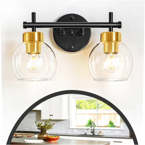 LZLDCJ 2 Light Bathroom Vanity Light, Black and Gold Bathroom Light Fixtures Over Mirror, Modern Globe Vanity Light Mid Century Bathroom Wall Sconces Indoor Lighting