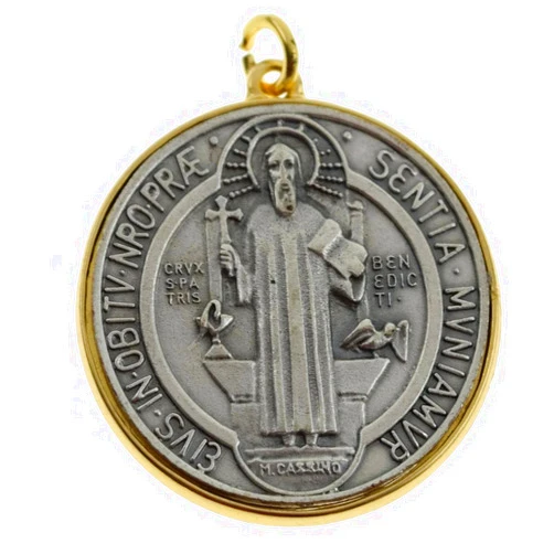 Bling Cartel Medalla De San Benito 48mm Medal Saint St Benedict Large Italy Big Medallion Two Tone Silver & Gold Finish Charm Pendant