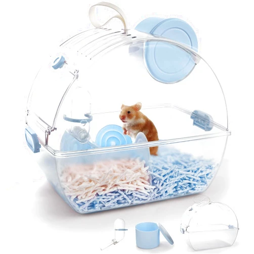 ECOCEN Small Portable Hamster Cages,Big Size(13×8.2×10.8'') Hamster Carrier with Water Bottle,Dwarf Hamster Travel Cage with Storage Box,360º Transparent Acrylic Pet Travel Carrier,Mouse Gerbil Cage(Blue)