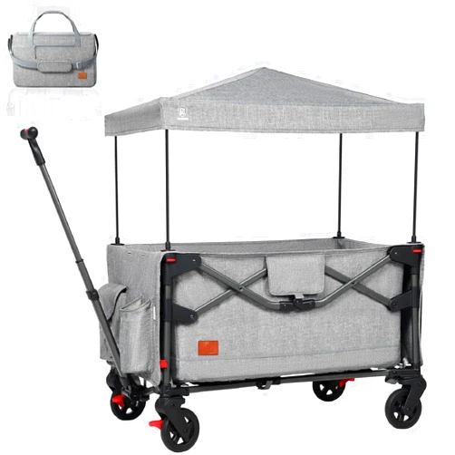 EVER ADVANCED Foldable into Bag Travel Wagon Stroller for 2 Kids & Cargo, Collapsible Toddler Wagon with Removable Canopy, Adjustable 5-Point Harness, Lightweight Carry-on Stroller for Airplane Gray