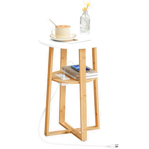 HOOBRO Round Side Table with Charging Station, Round Accent End Table with Bamboo Legs for Living Room, Bedroom, White and Natural YW101UBZ01
