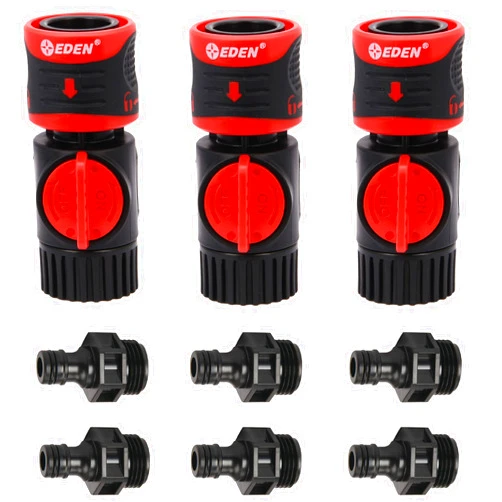 Eden 93218 Premium Garden Connect with Shutoff Valve and Water Stop & Lock Feature Quick Release Kit Hose Fittings and Adapters, (3 Sets/ 9 Pc)