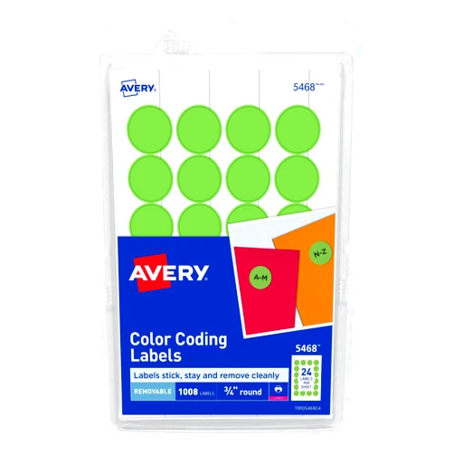 Avery Removable Print or Write Dot Stickers 3/4 Inch, Neon Green, Pack of 1008 Round Stickers (5468)