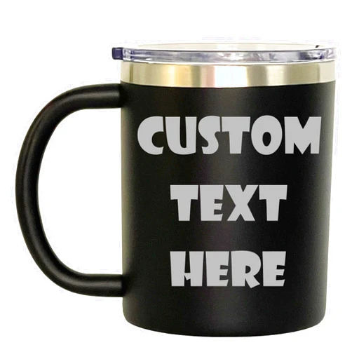 OEZZO Customized Stainless Steel Coffee Mugs, Personalized Mug with Names or Logos, Upgraded Slider Lid, Engraved in the USA (12oz, Black)