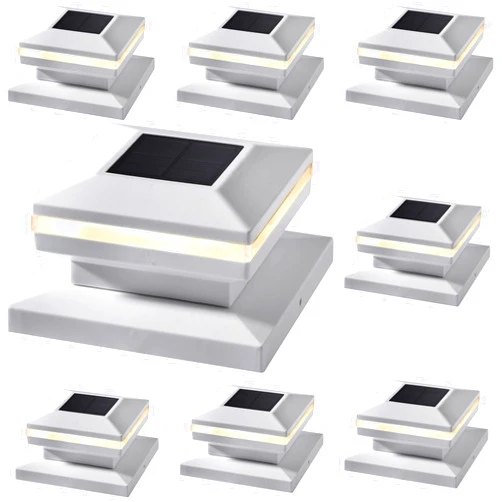 Dynaming 8 Pack Solar Post Lights, Outdoor Decorative Post Cap Light, Solar Powered White Shell Caps, Brightness Warm White LED Lighting for Fence Deck Patio, Fit 4x4, 5x5 or 6x6 Vinyl/Wooden Posts