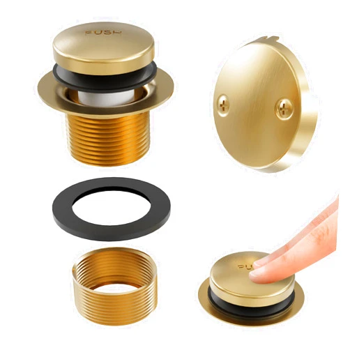 HoliSpa Gold Bathtub Drain Kit, All Metal Tub Drain Trim Kit with 2-Hole Overflow Face Plate and Universal Fine/Coarse Thread Assembly, Brushed Gold
