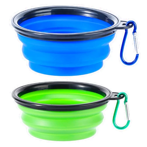 BCHARYA Collapsible Dog Bowls, 2 Pack Travel Dog Bowls, Portable Pet Feeding Water Dish for Pet Walking Parking Traveling with 2 Carabiners (Small, Blue+Green)
