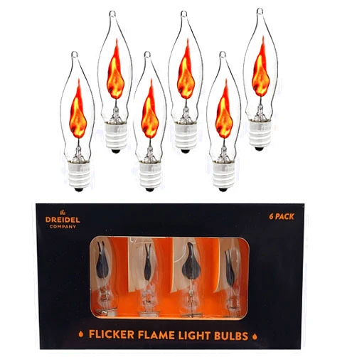 The Dreidel Company Flicker Flame Shaped Light Bulbs, E12 Replacement Bulbs, Dances with a Flickering Orange Glow, 1 Watt Bulb, 120 Volt (6-Pack)