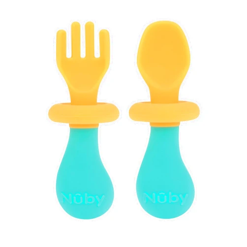 Nuby First Fork and Spoon Set - Utensils with Safety Guards for Babies 6+ Months - Orange and Aqua