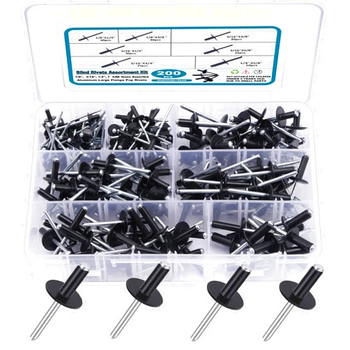 SATANTECH 200PCS Black Rivets Pop Rivets Assortment Kit, Large flange Aluminum Rivets(1/8