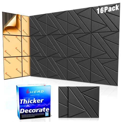 BSHEAD 16 Pack Self-Adhesive Soundproof Wall Panels, 12 x 12 x 0.47 In Sound Proof Foam Panels for Walls, 1.2lb/ft³ High Density, Thicker 0.47in, Acoustic Panels, Noise Dampening Panels Studio Black