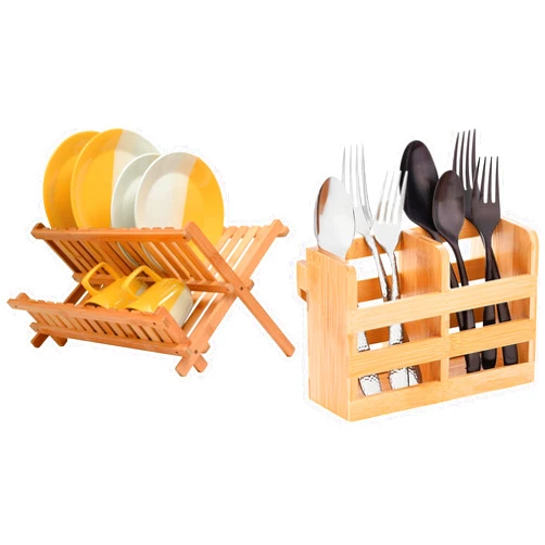 Bambüsi Bamboo Dish Drying Rack and Utensil Holder Set Bundle