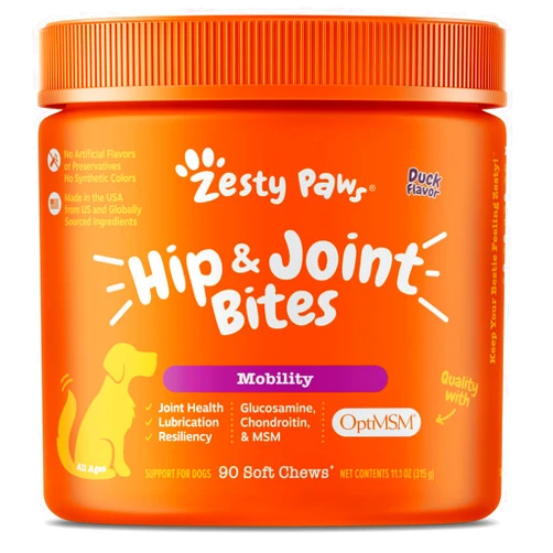 Zesty Paws Hip and Joint Supplement for Dogs - Glucosamine for Dog Joint Supplement - with Chondroitin, MSM, Vitamins C and E for Dog Joint Relief - Mobility Bites Duck – 90 Count