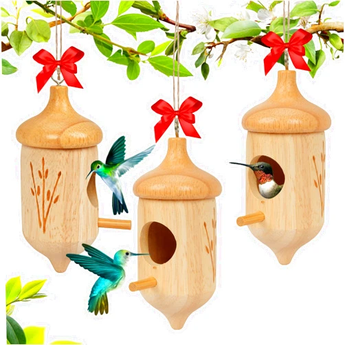 Rakovar Hummingbird House, Wooden Hummingbird Houses for Outside Hanging, Humming Bird Nest Swinging, Wooden Bird Houses with Cotton, Bow, String, Gardening Gifts Decoration (3 Pack)