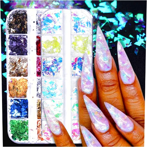 GZMAYUEN 2 Boxes Holographic Nail Art Glitter Sequins Set, 12 Grids Iridescent Nail Sequins Mermaid Glitter Flakes, 12 Colors Nail Foil Flakes Nail Glitter Flake for Women Girls DIY Manicure Decorations